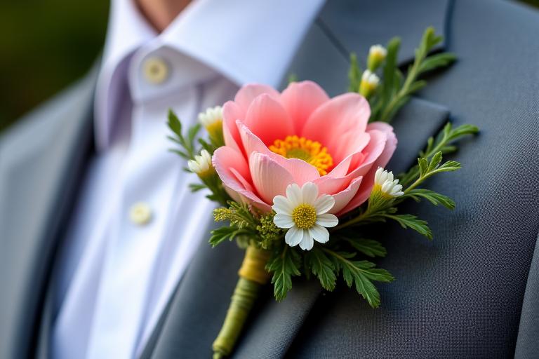 Dettaglio di una boutonnière floreale colorata sull'abito grigio di uno sposo.