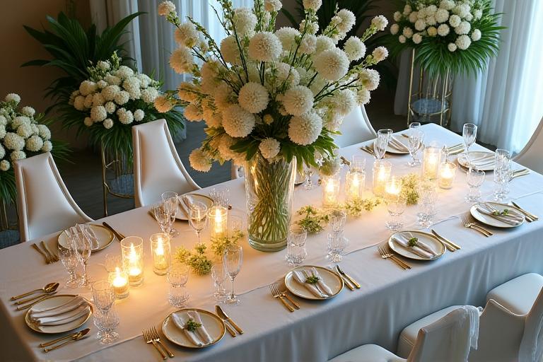 Tavola imperiale decorata con sontuosi arrangiamenti floreali bianchi e verdi.