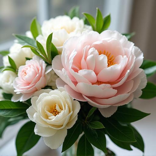 Elegante bouquet da sposa con peonie bianche e rosa e fogliame verde.