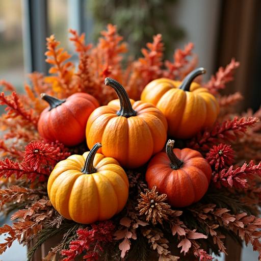 Composizione floreale dai toni caldi autunnali, con zucche decorative e foglie rosse.