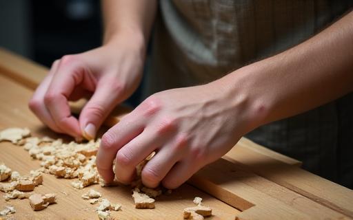 Un cliente che lavora il legno durante un laboratorio di costruzione di ukulele.