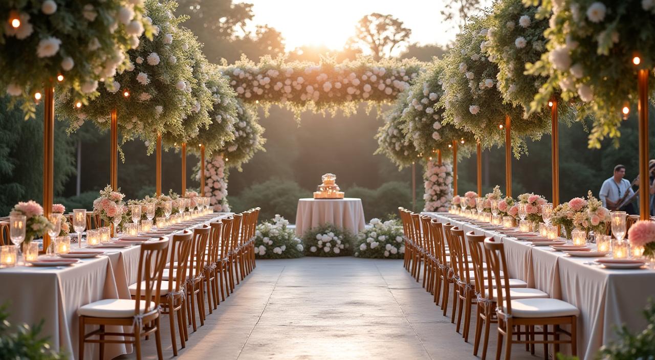 Un'elegante location per matrimoni allestita con fiori e strumenti musicali.